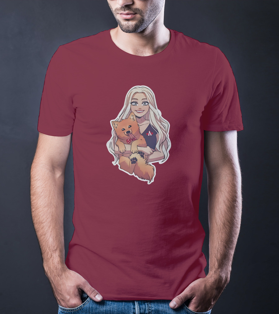 Autumnrhodess Cartoon Character Holding Dog With Red Bowtie On Burgundy Background T-Shirt