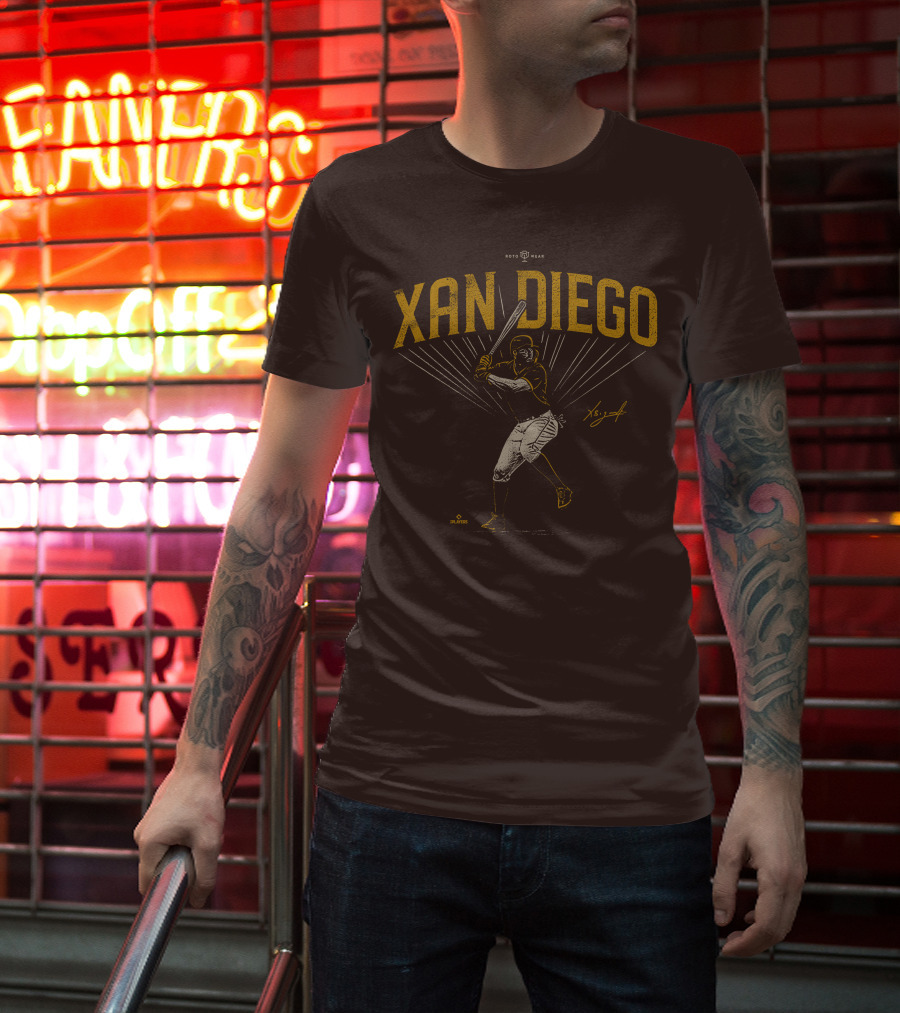 Roto Wear Xan Diego Baseball Player Swinging With Signature T-Shirt