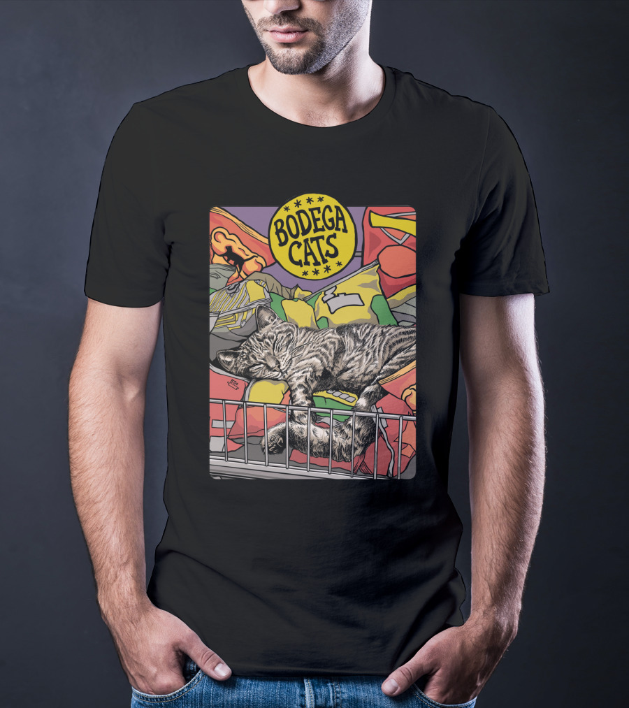 Bodega Cats Sleeping Among Snacks And Bags In Bright Colors T-Shirt