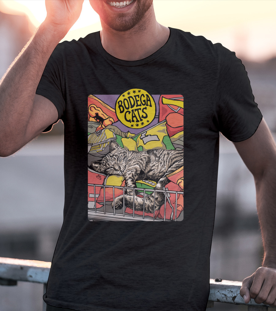 Bodega Cats Sleeping Among Snacks And Bags In Bright Colors T-Shirt