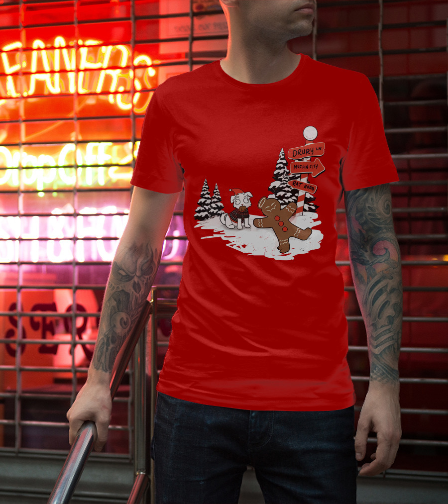 Badboyhalo Holiday Drury Lane Muffin City Rat Road Christmas Dog And Gingerbread Scene T-Shirt