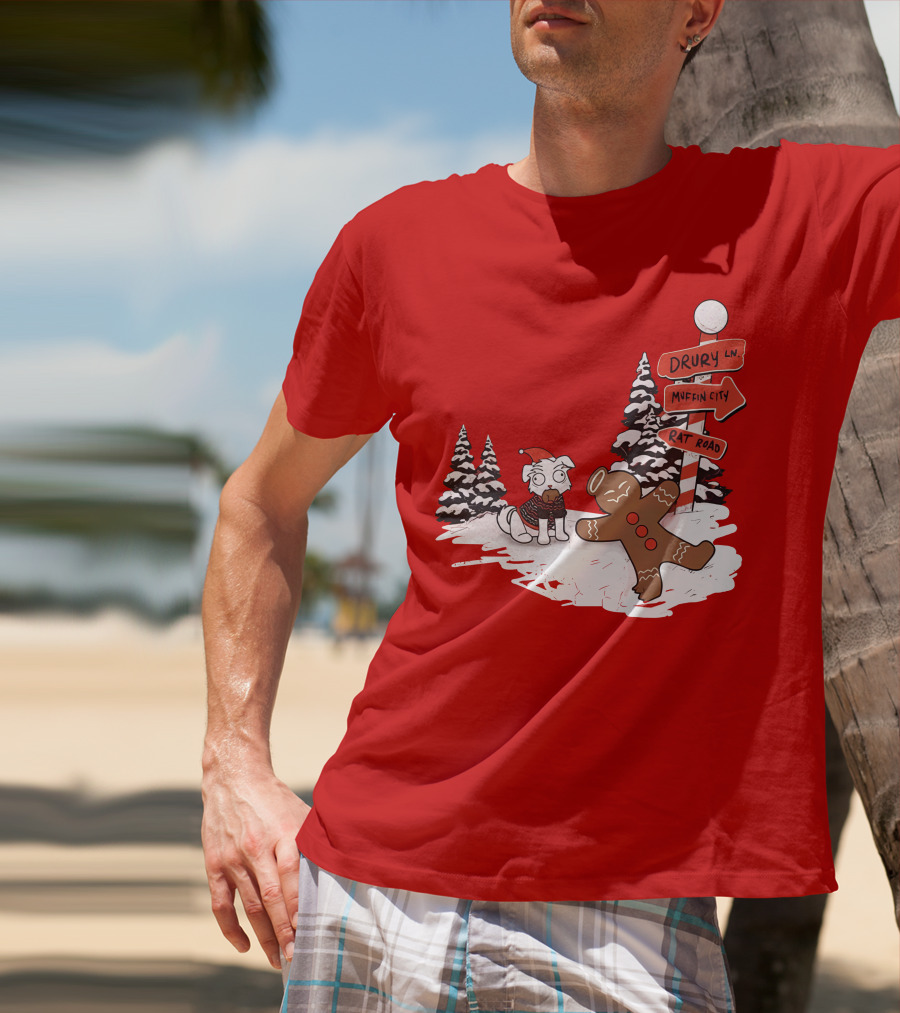 Badboyhalo Holiday Drury Lane Muffin City Rat Road Christmas Dog And Gingerbread Scene T-Shirt