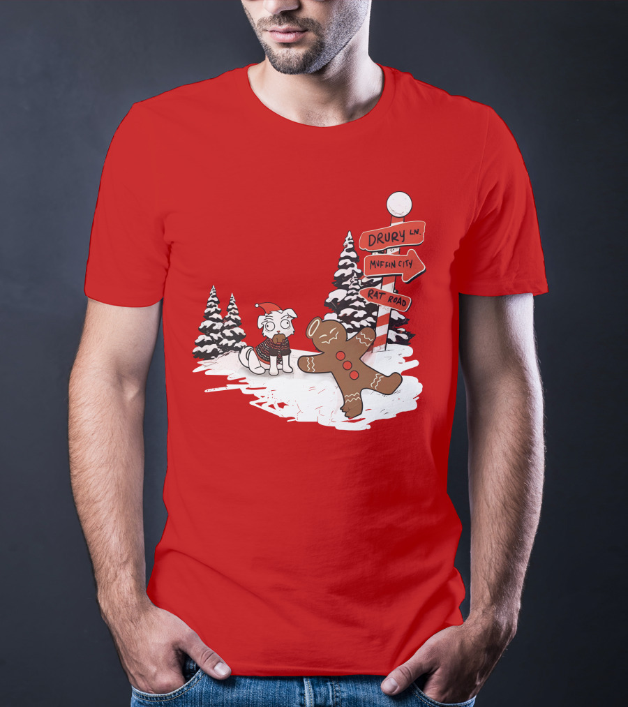 Badboyhalo Holiday Drury Lane Muffin City Rat Road Christmas Dog And Gingerbread Scene T-Shirt