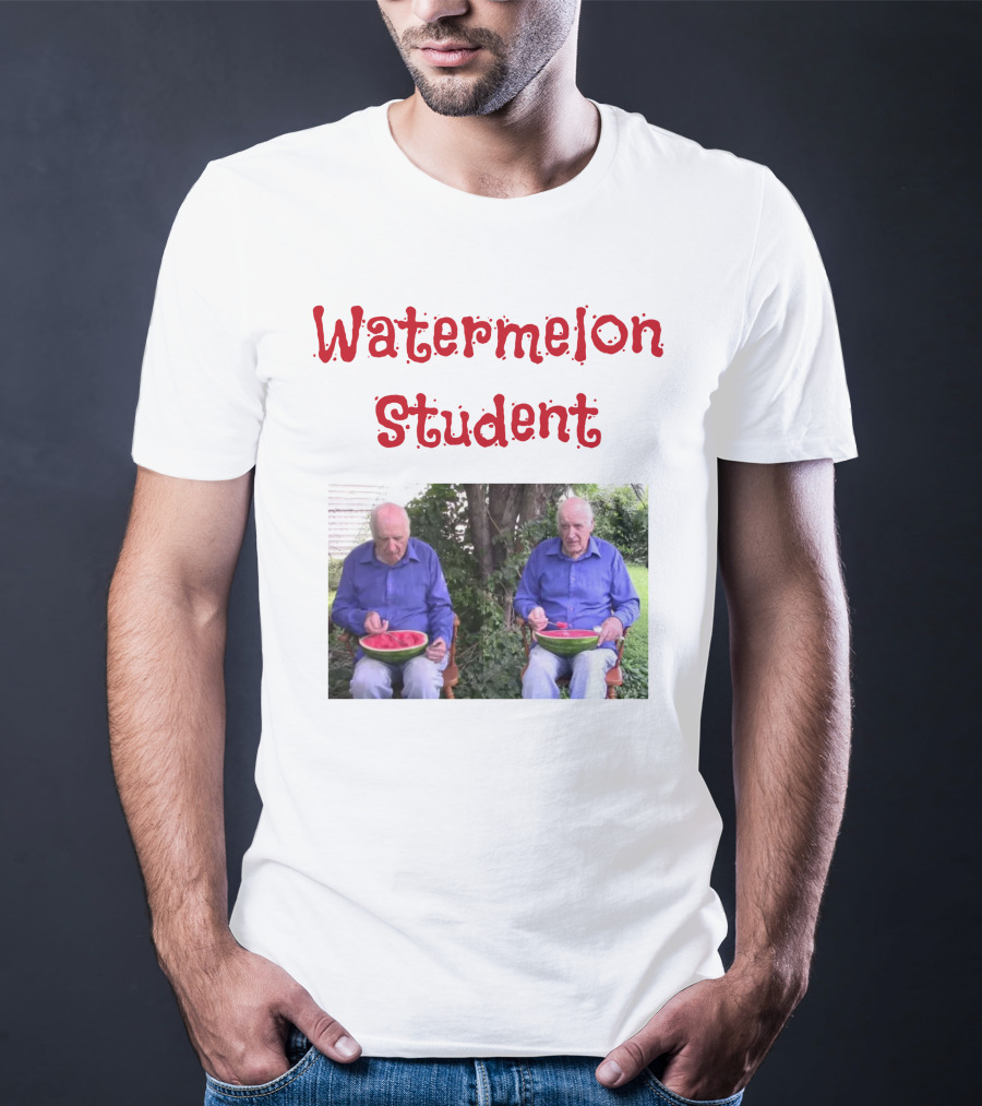 Watermelon Student Eating In Garden With Blue T-Shirt