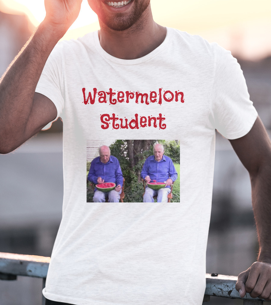 Watermelon Student Eating In Garden With Blue T-Shirt