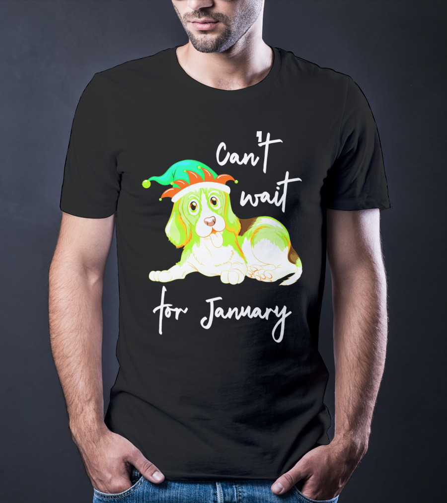 Can't Wait For January Festive Dog With Green And Red Hat T-Shirt