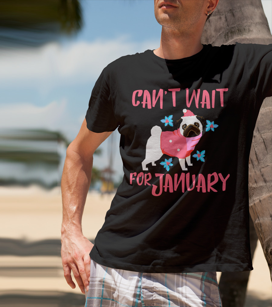 Can't Wait For January Pug IN Santa Hat And Pink Scarf With Snowflakes T-Shirt