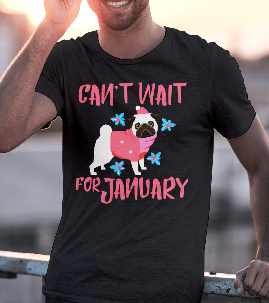 Can't Wait For January Pug IN Santa Hat And Pink Scarf With Snowflakes T-Shirt
