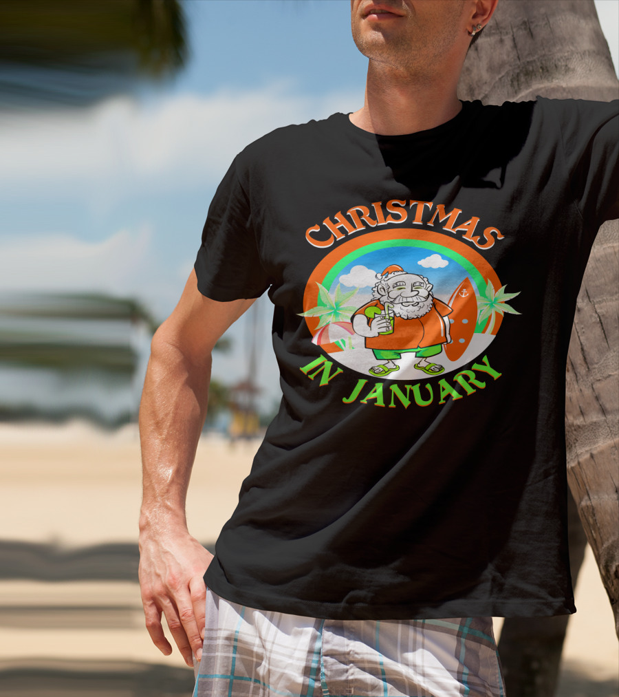 Christmas In January Santa With Surfboard And Drink T-Shirt