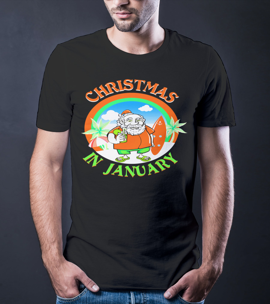 Christmas In January Santa With Surfboard And Drink T-Shirt