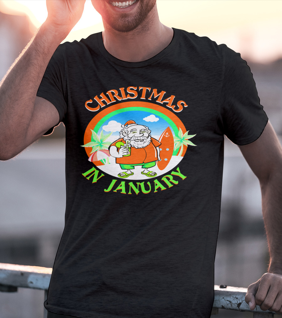 Christmas In January Santa With Surfboard And Drink T-Shirt