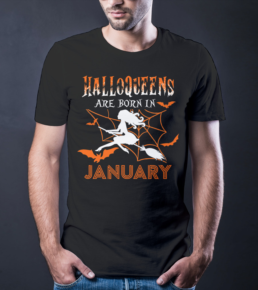 Halloqueens Are Born In January Witch And Bats Halloween Birthday T-Shirt