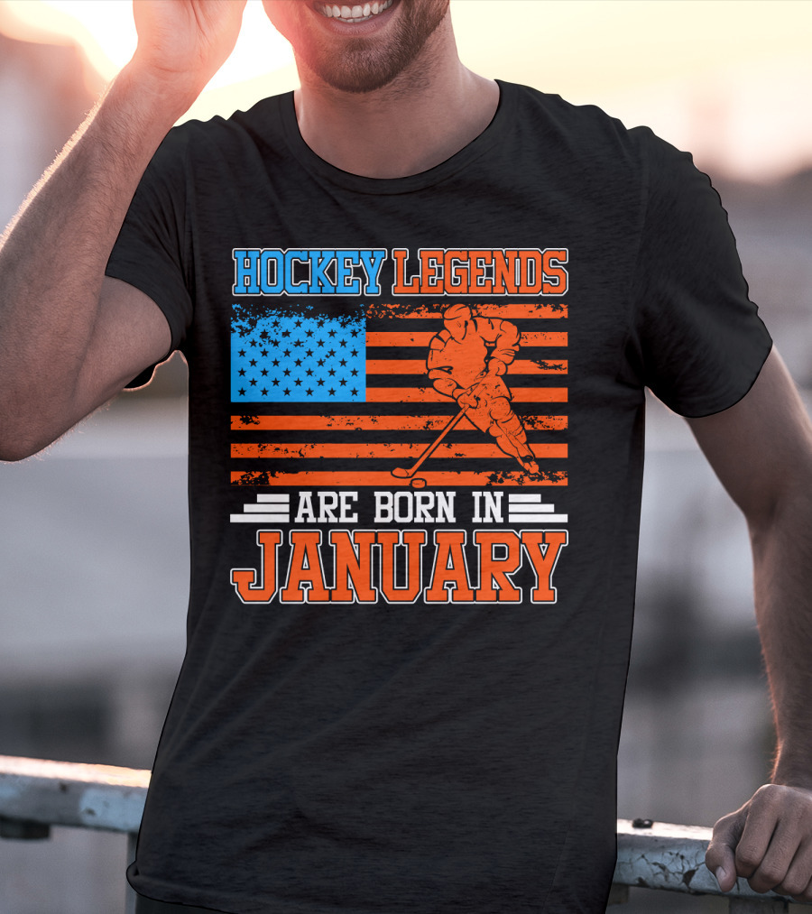 Hockey Legends Are Born In January With American Flag And Skater T-Shirt