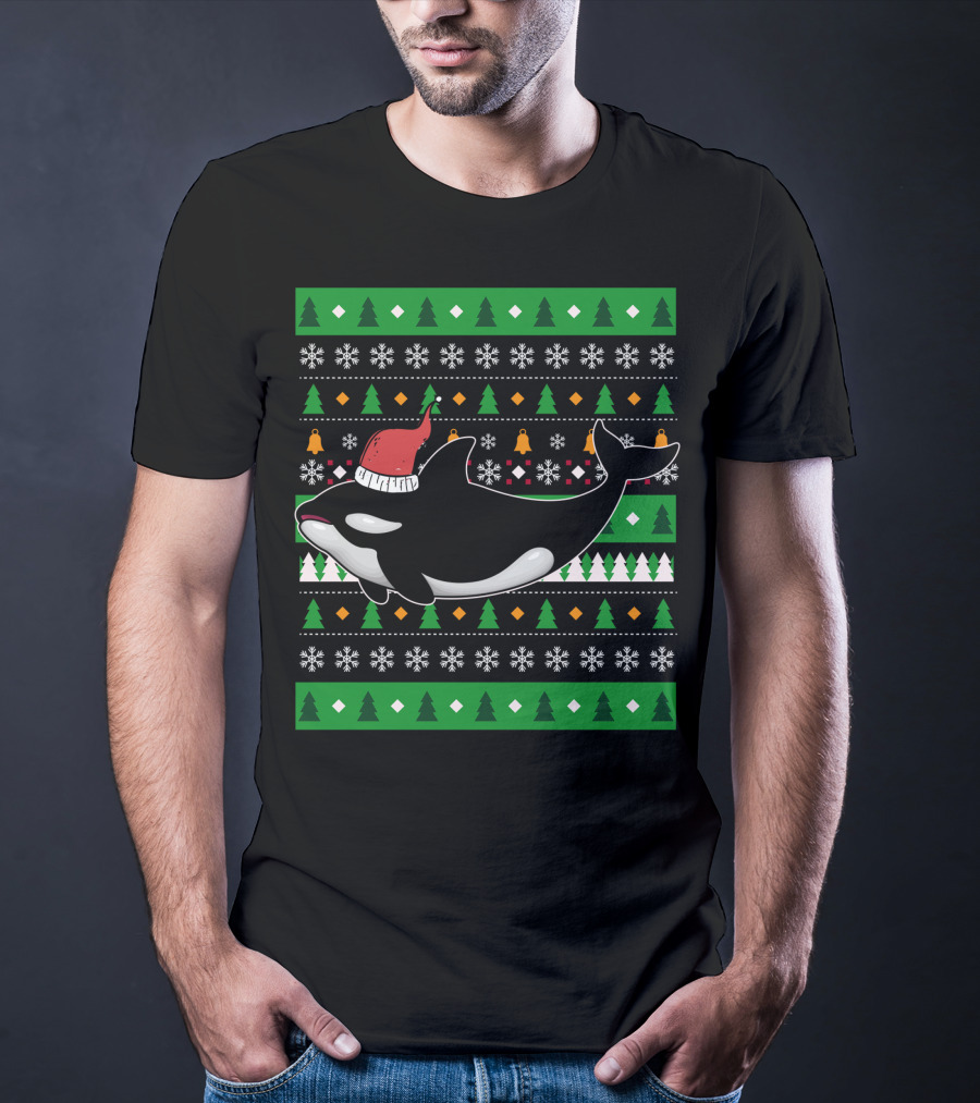 Orca Zookeeper Ugly Christmas Killer Whale Santa Hat Snowflakes Trees T-Shirt