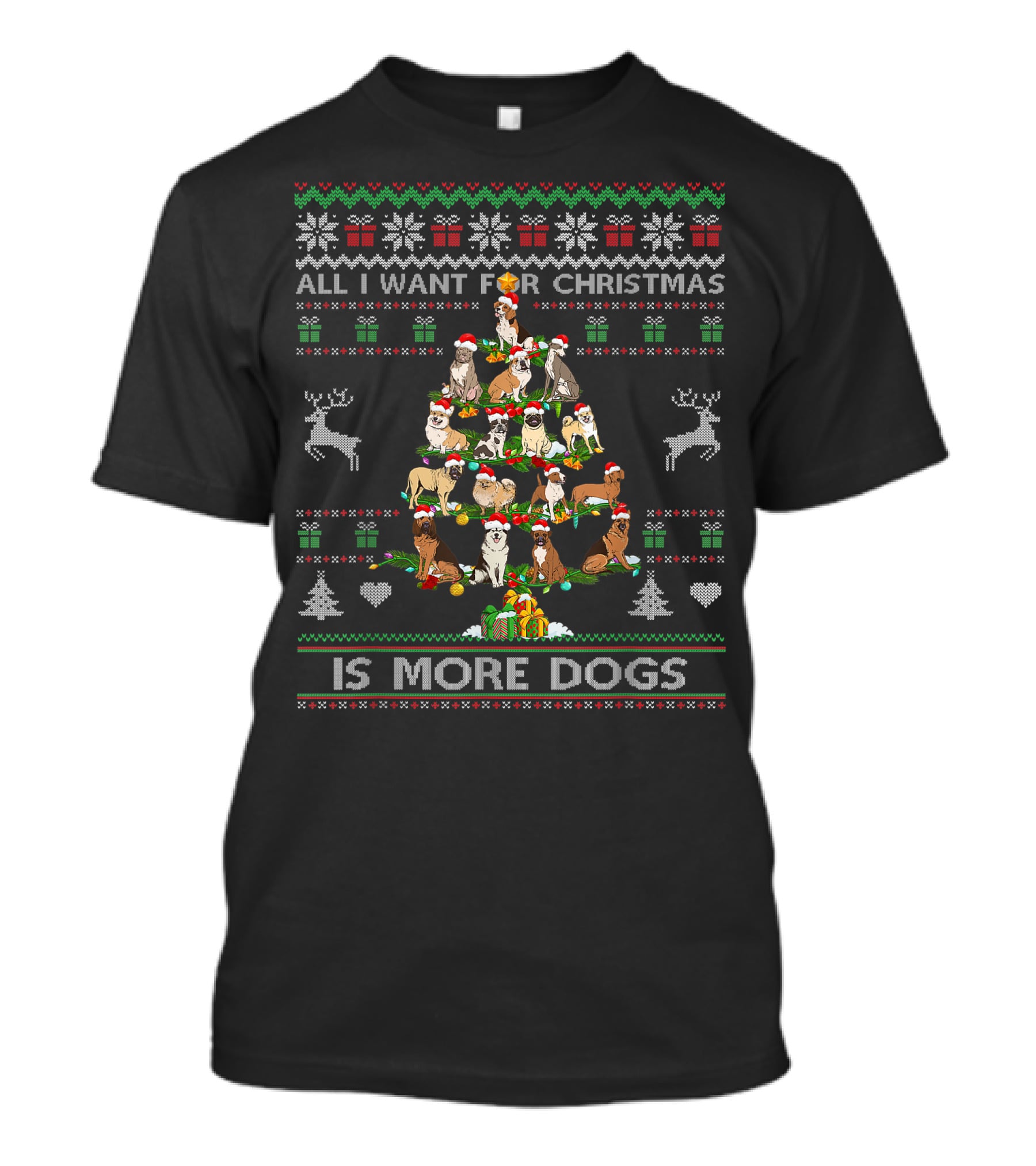 Christmas Ugly Sweater Dog Lover All I Want Is More Dogs T-Shirt