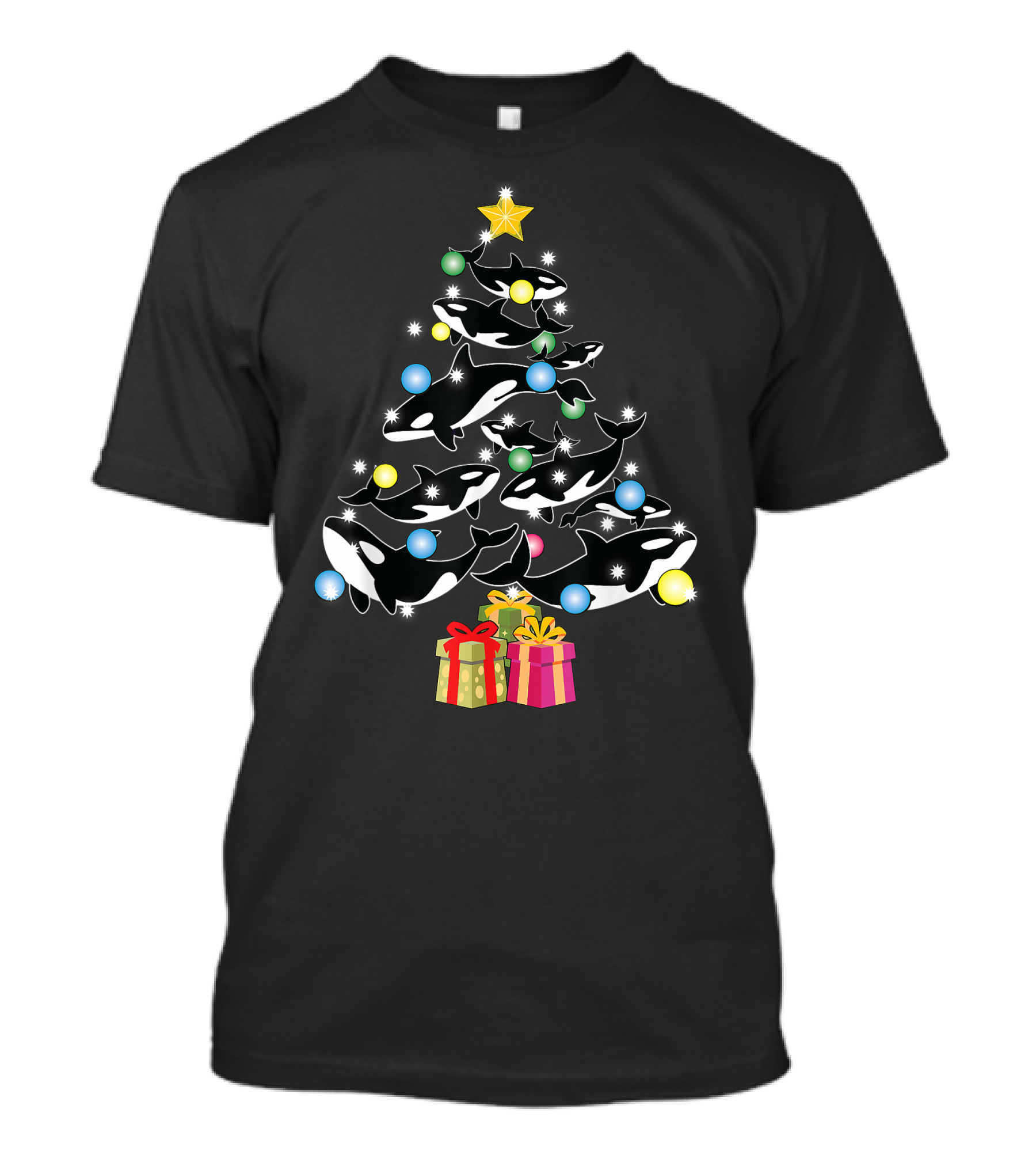 Christmas Orca Whales Tree With Gifts And Decorations T-Shirt