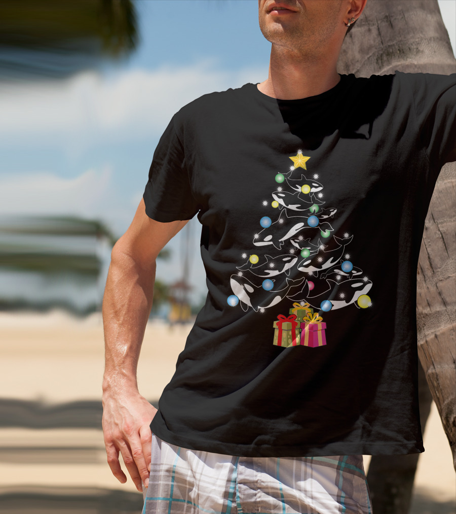Christmas Orca Whales Tree With Gifts And Decorations T-Shirt
