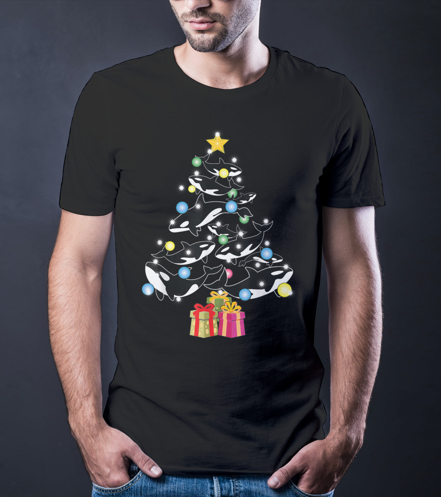 Christmas Orca Whales Tree With Gifts And Decorations T-Shirt