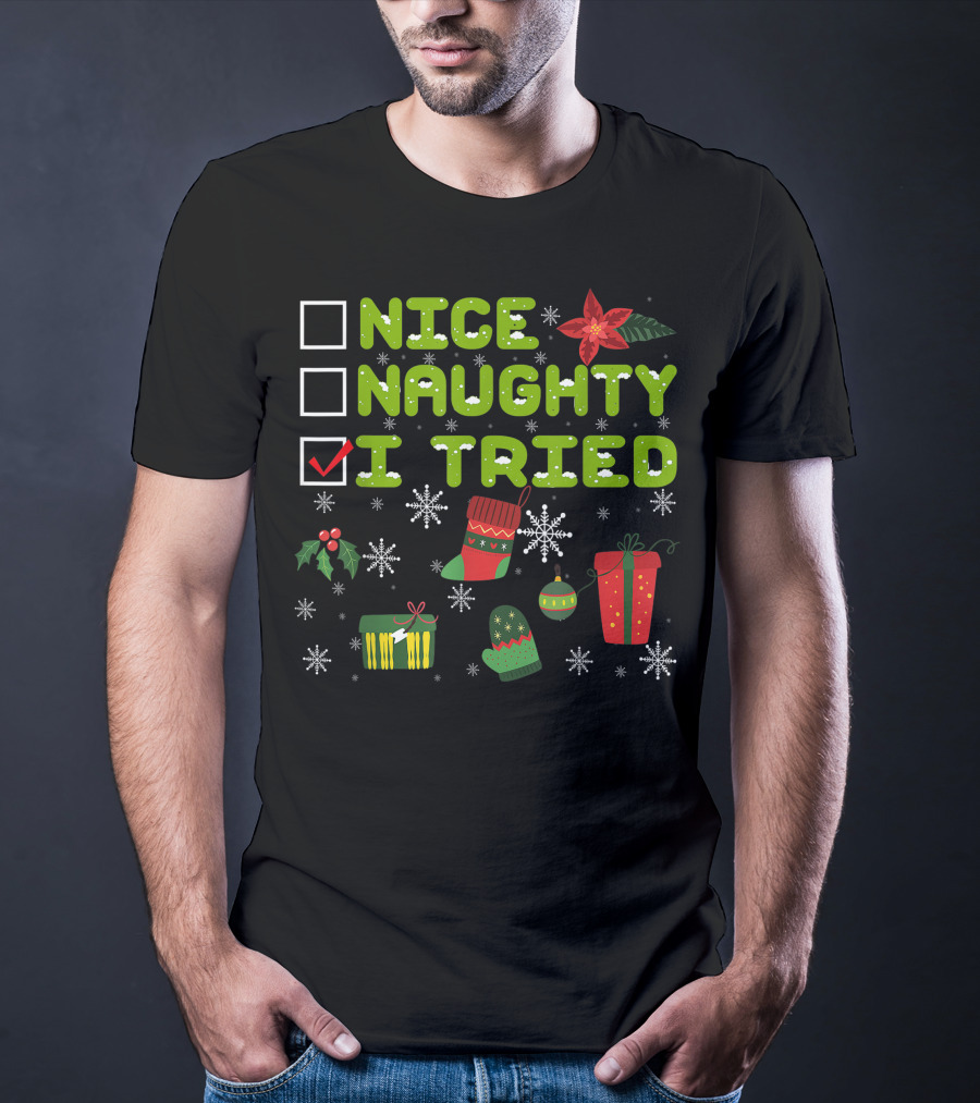 Nice Naughty I Tried Checklist Christmas Pajama With Holiday Icons T-Shirt