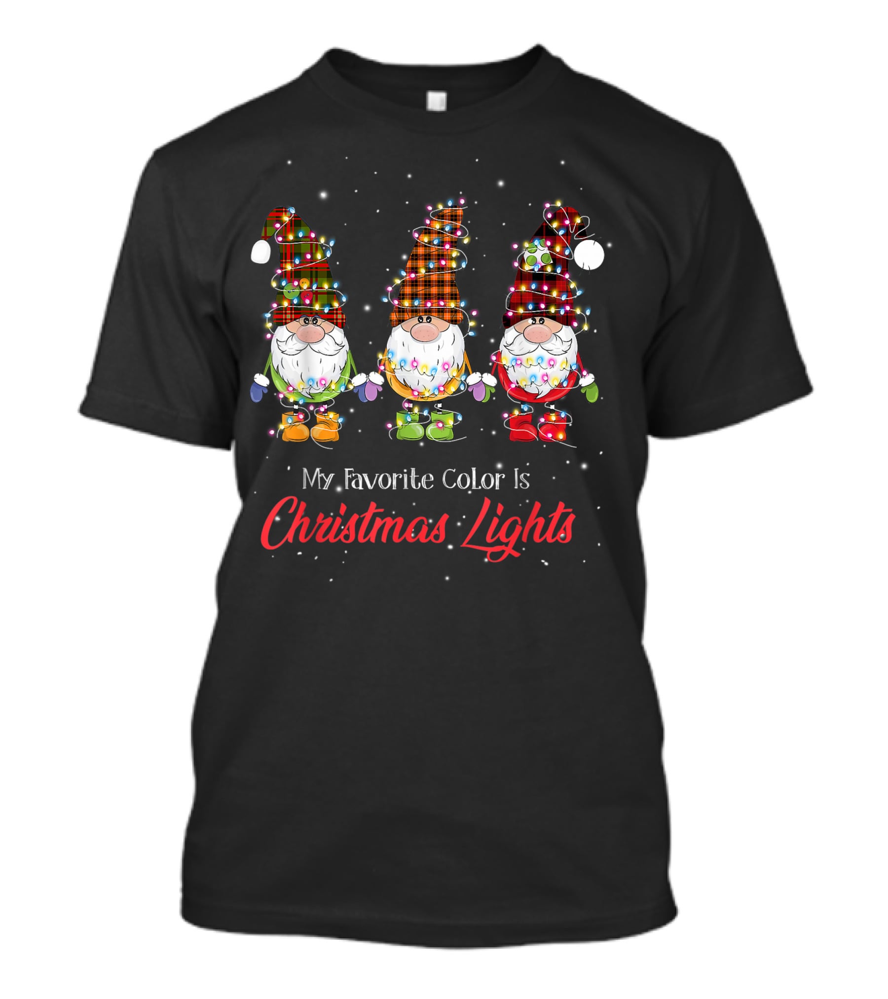 My Favorite Color Is Christmas Lights Gnomies Gnome Buffalo Plaid Trio T-Shirt