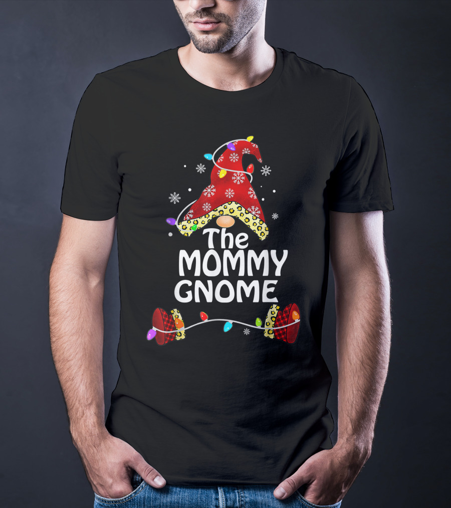 The Mommy Gnome Buffalo Plaid Leopard Print Christmas Lights T-Shirt