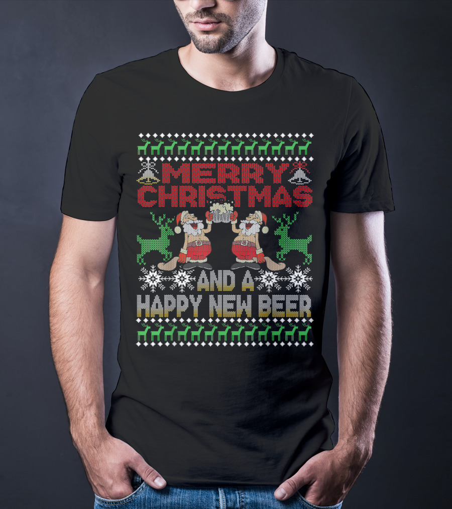 Merry Christmas Happy New Beer Ugly Sweater For Beer Lover With Santa Reindeer T-Shirt
