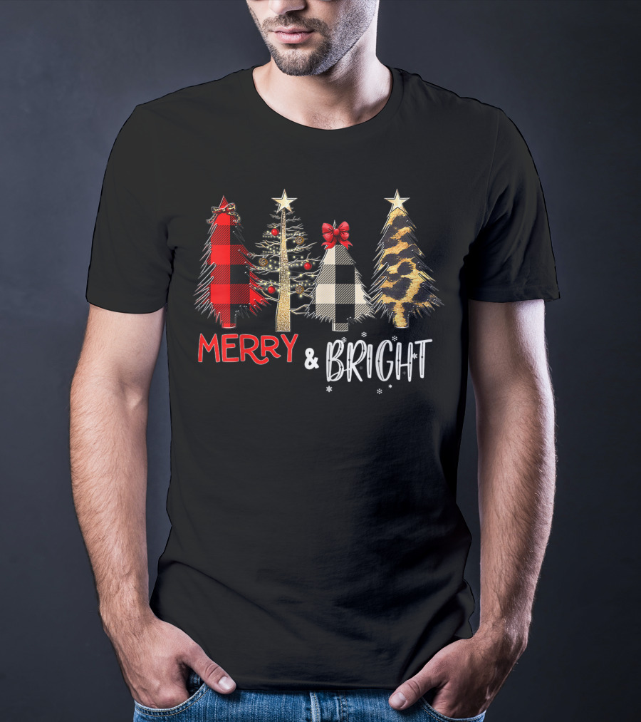 Merry And Bright Christmas Wild Leopard Plaid Trees Xmas T-Shirt
