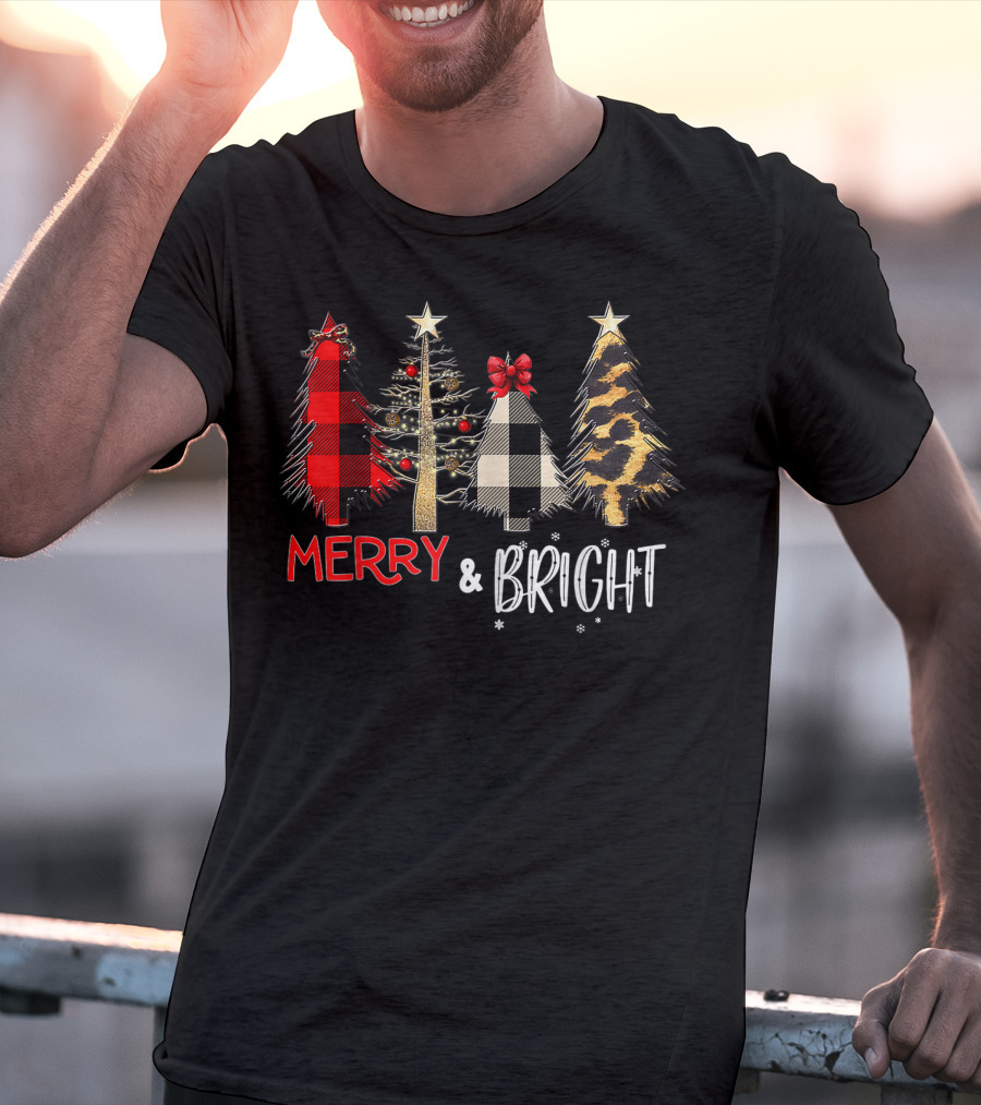 Merry And Bright Christmas Wild Leopard Plaid Trees Xmas T-Shirt