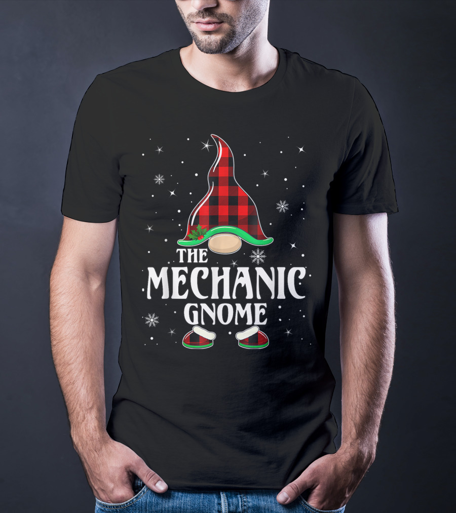 The Mechanic Gnome Buffalo Plaid Christmas Matching Family Holiday Snowflakes T-Shirt