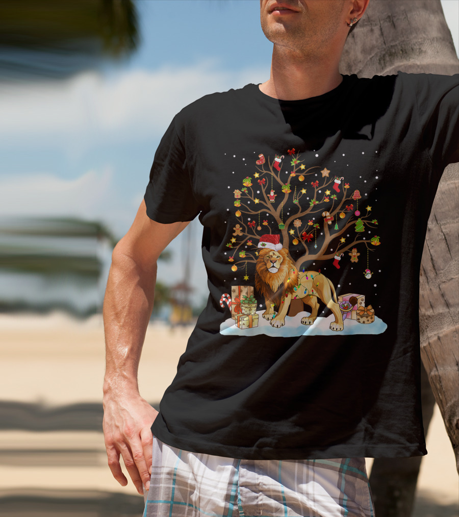 Lion With Christmas Tree Ornaments And Gifts T-Shirt