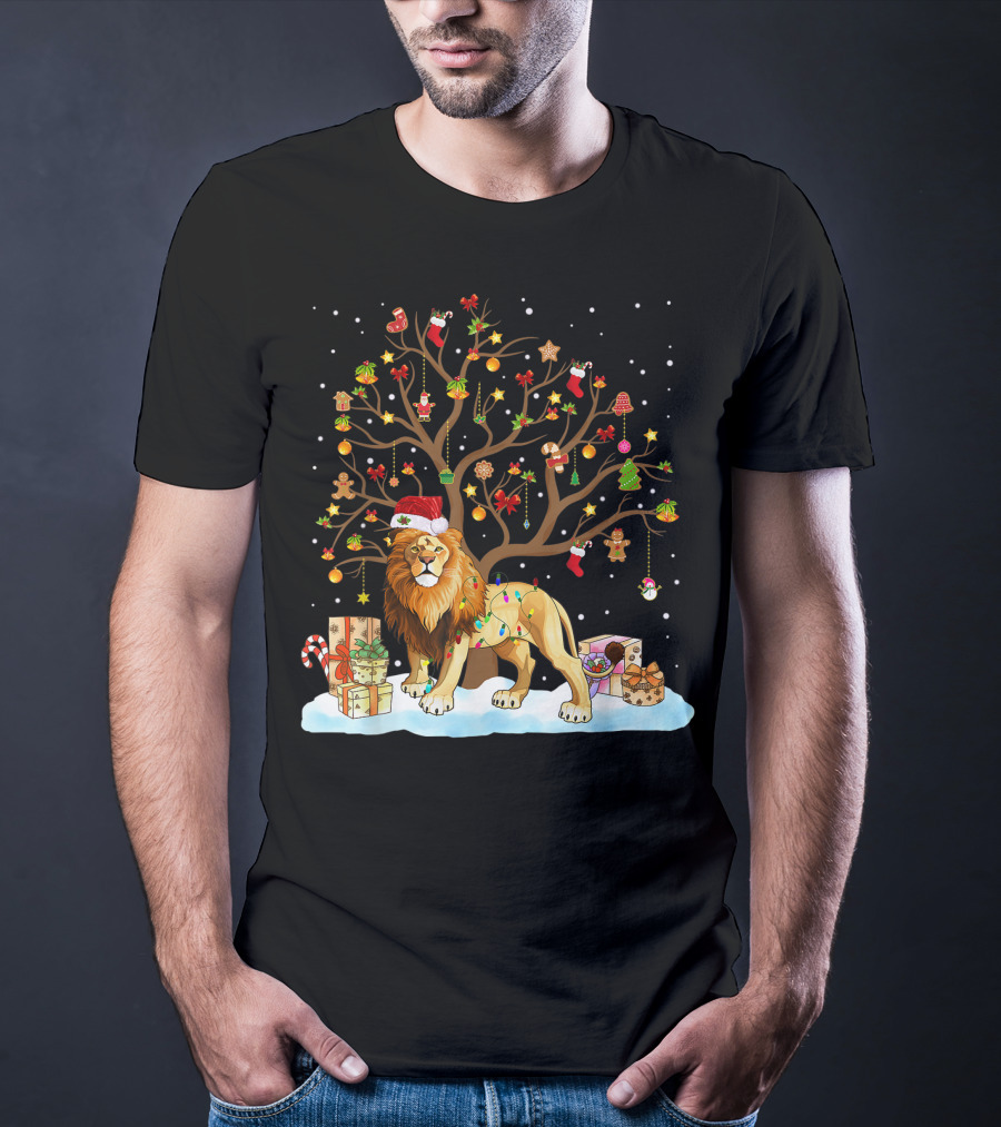 Lion With Christmas Tree Ornaments And Gifts T-Shirt