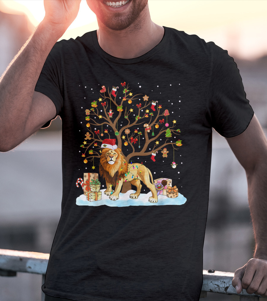 Lion With Christmas Tree Ornaments And Gifts T-Shirt