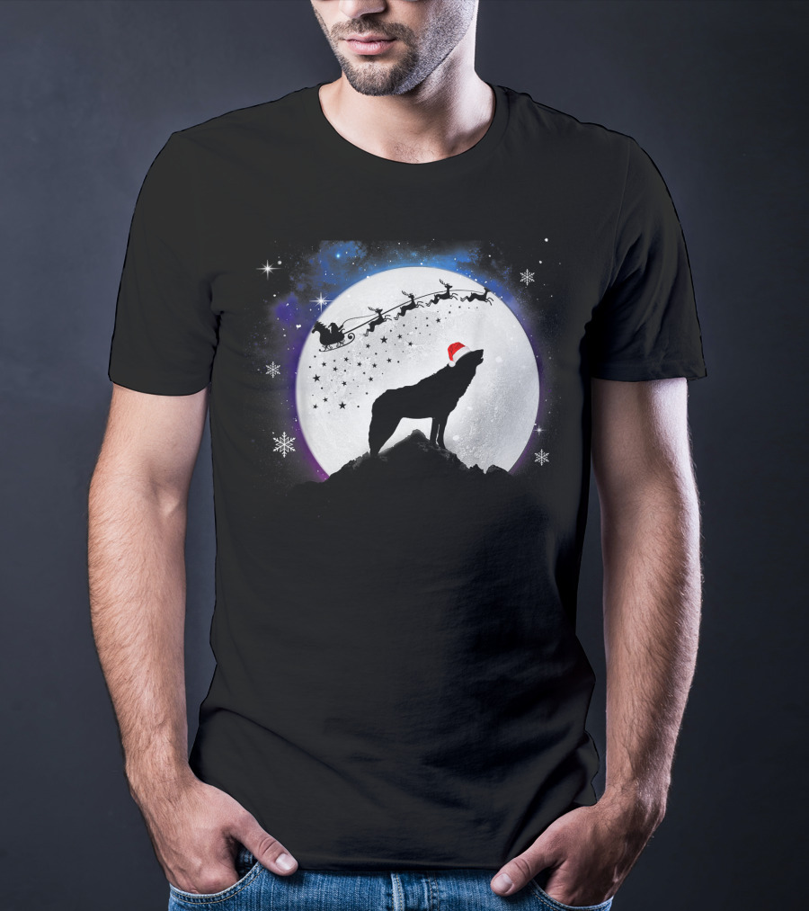 Wolf Santa Hat Full Moon Christmas Night T-Shirt