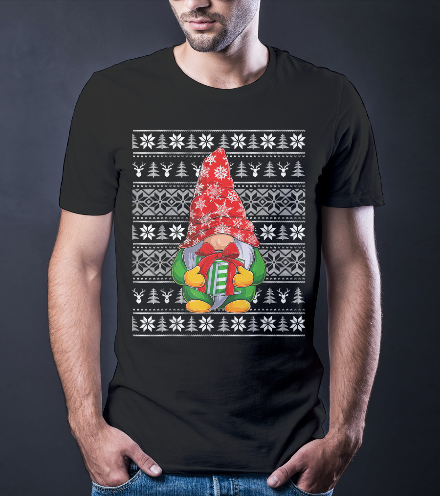 Ugly Christmas Sweater Gnome Holding Gifts With Snowflake Hat T-Shirt