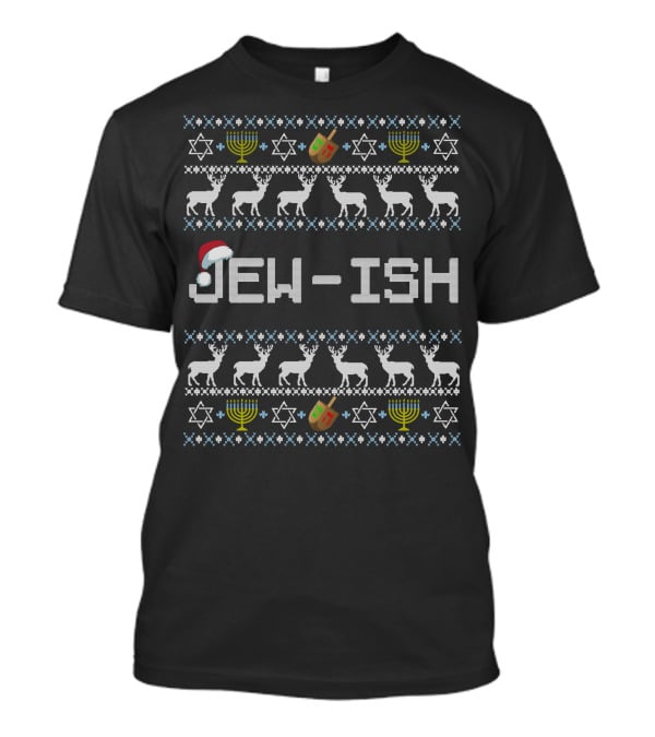 Jew-Ish Hanukkah Santa Hat Dreidel Menorah Stars T-Shirt