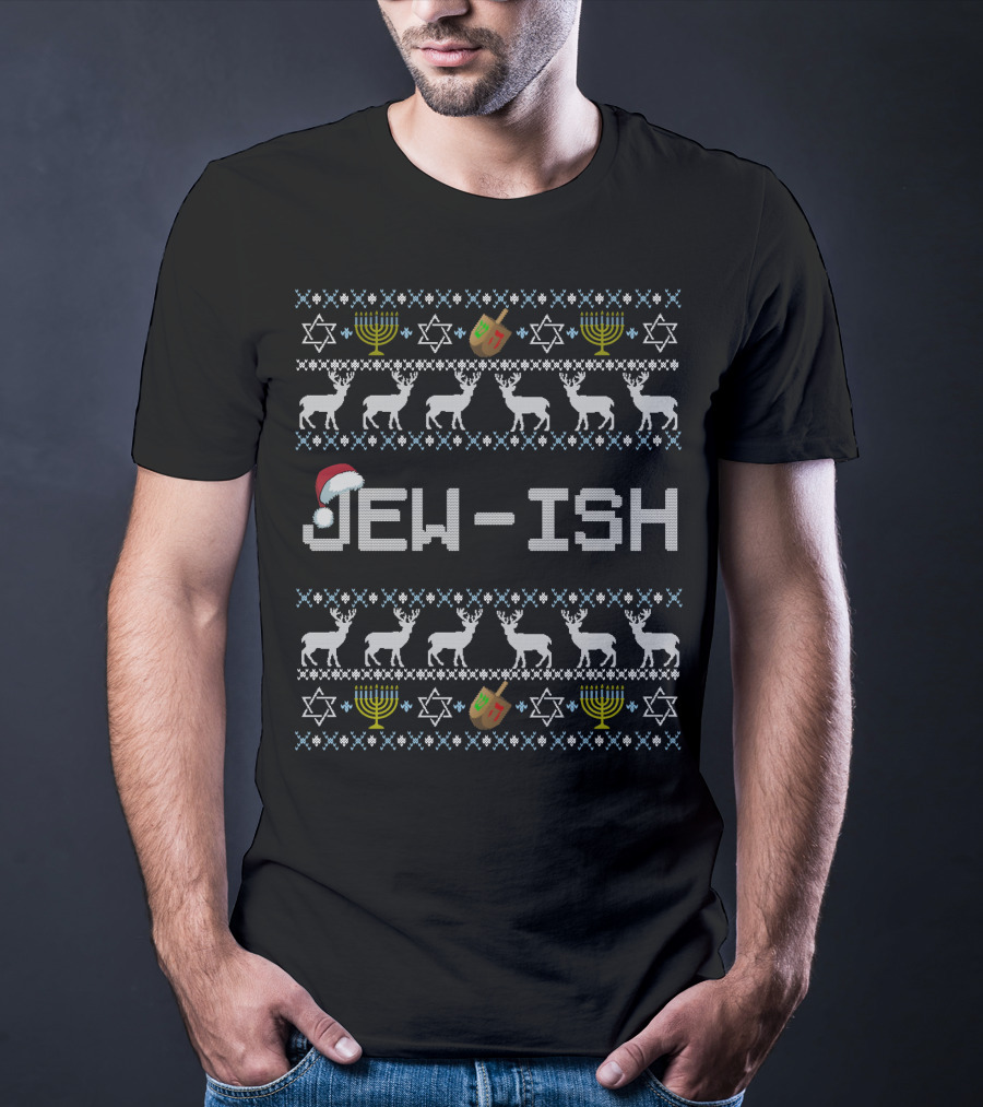 Jew-Ish Hanukkah Santa Hat Dreidel Menorah Stars T-Shirt