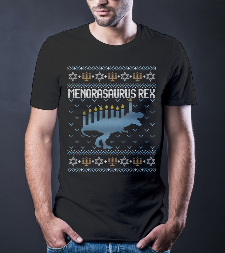 Menorasaurus Rex Hanukkah T-Rex Menorah Candles Star T-Shirt