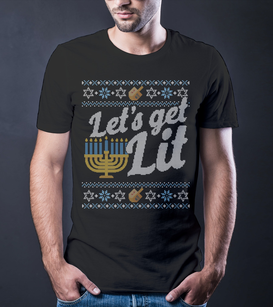 Let's Get Lit Menorah Hanukkah Dreidel Star Of David T-Shirt