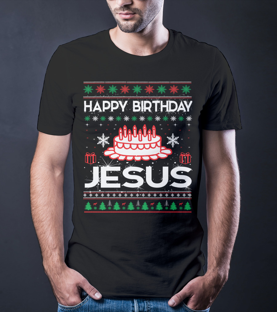 Happy Birthday Jesus Ugly Christmas Sweater Design With Cake And Snowflakes T-Shirt