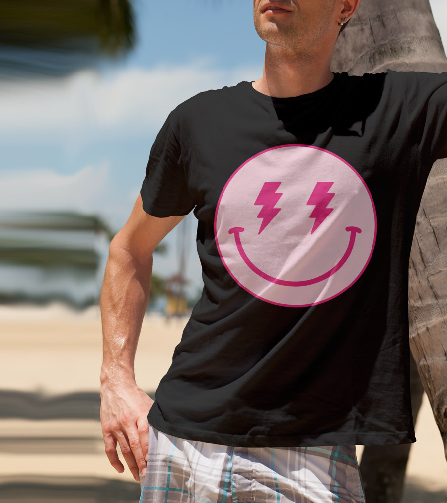 Lightning Bolt Smiley Face Pink Circle T-Shirt