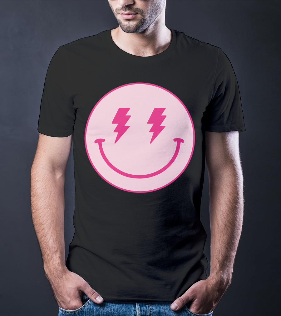 Lightning Bolt Smiley Face Pink Circle T-Shirt