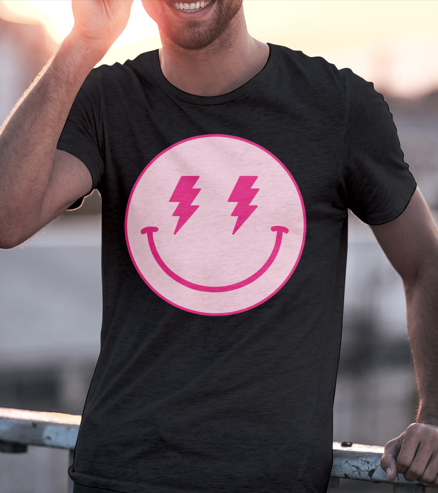 Lightning Bolt Smiley Face Pink Circle T-Shirt