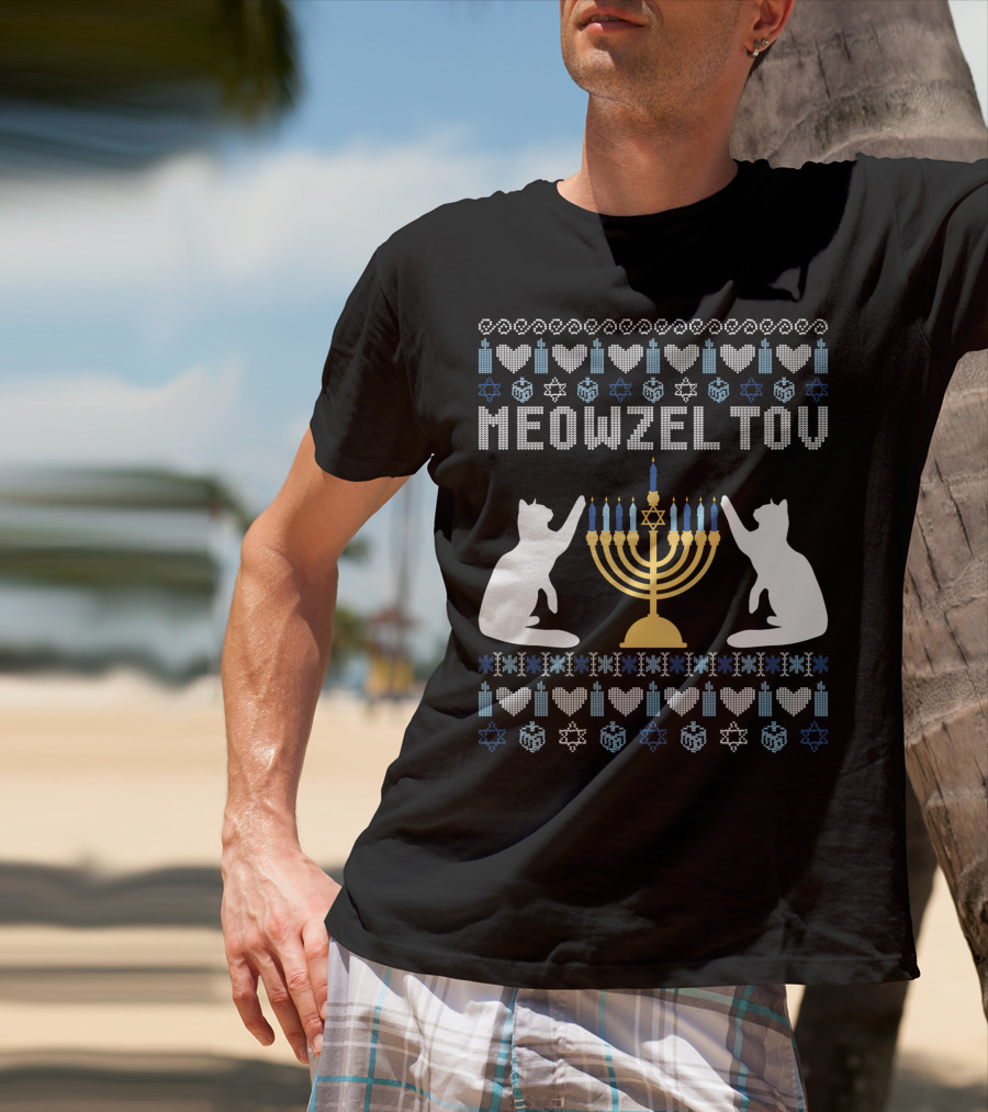 Meowzel Tov Chanukah Cats Menorah Stars Hearts Dreidels T-Shirt