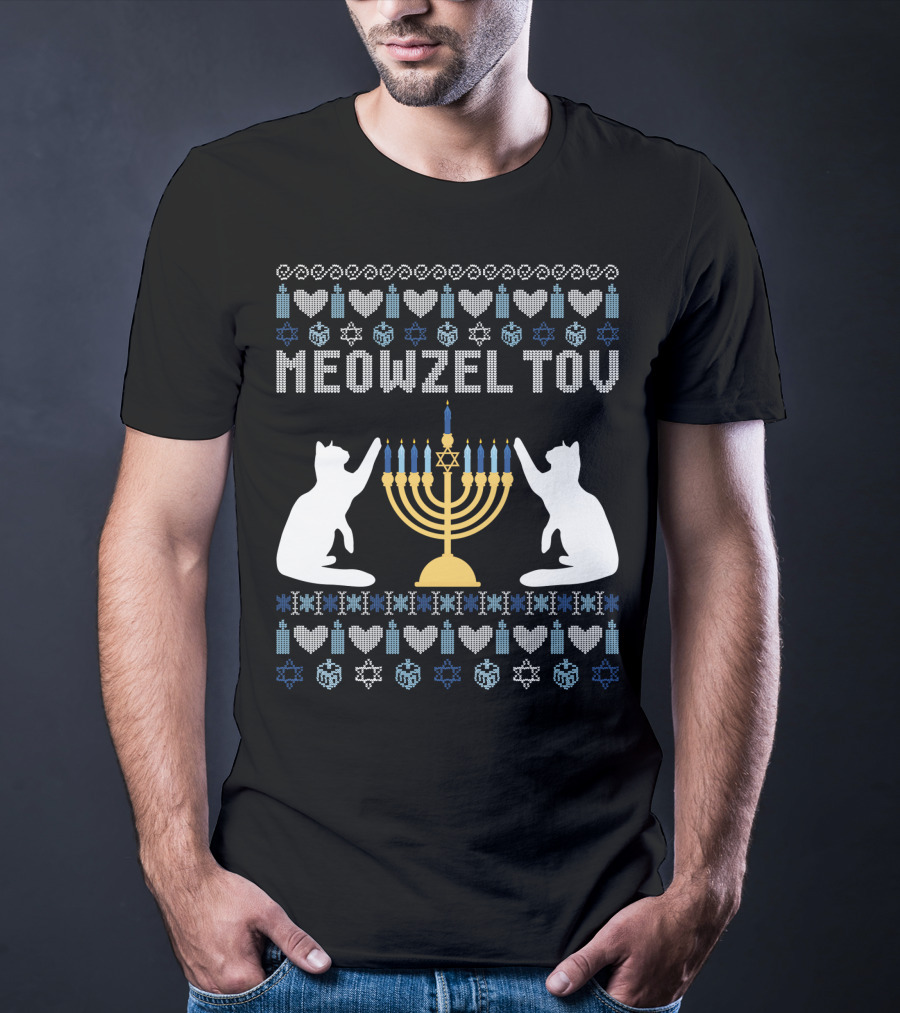 Meowzel Tov Chanukah Cats Menorah Stars Hearts Dreidels T-Shirt