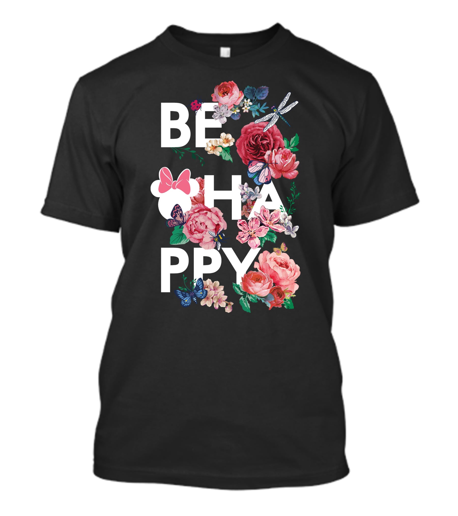 BE HAPPY Floral Minnie Mouse Butterflies And Dragonflies T-Shirt