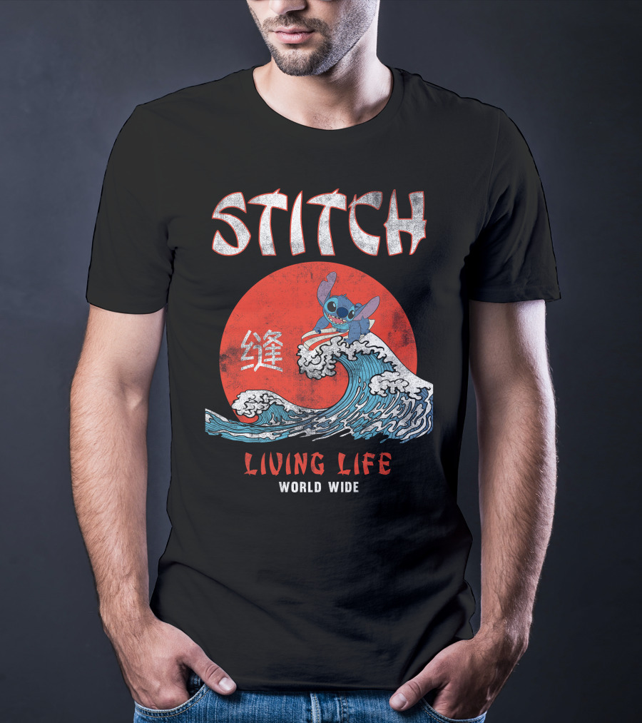 Stitch Living Life World Wide Wave Red Japanese Character T-Shirt