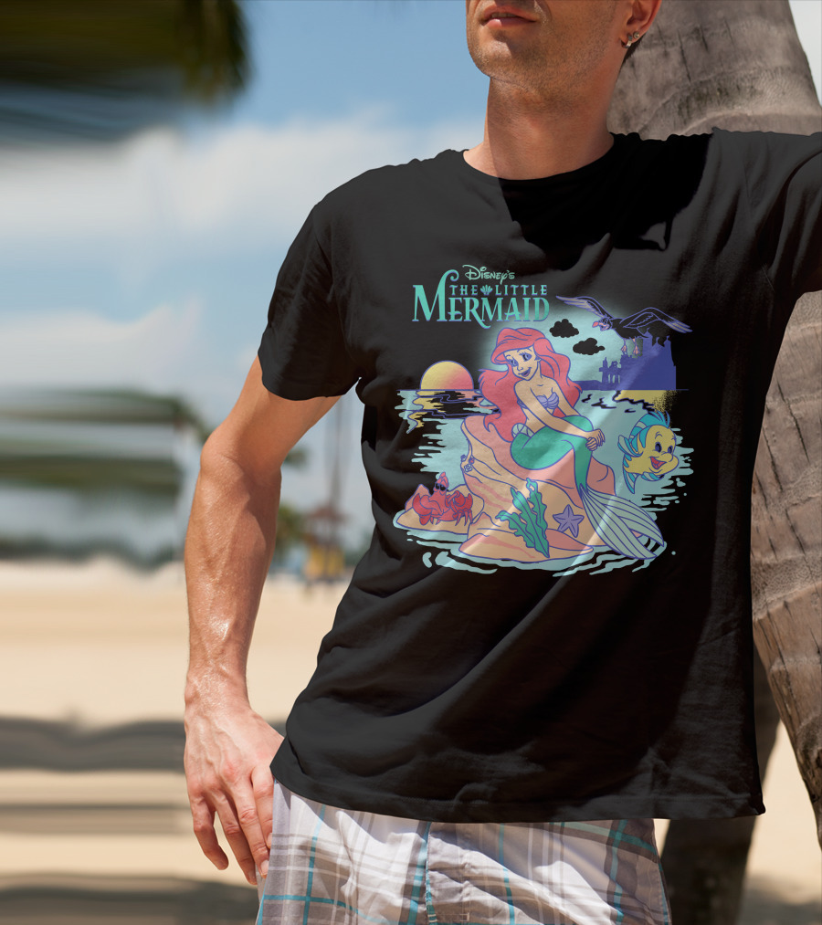 Disney's The Little Mermaid Ariel With Flounder And Sebastian By Castle At Sunset T-Shirt