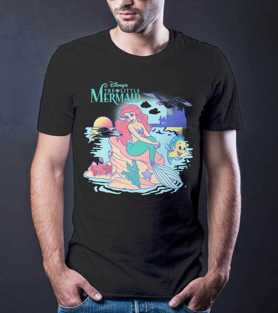 Disney's The Little Mermaid Ariel With Flounder And Sebastian By Castle At Sunset T-Shirt