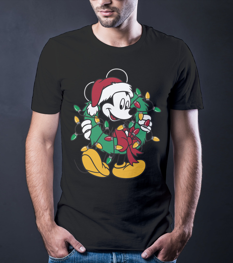 Disney Mickey Mouse Christmas Wreath Lights Santa Hat Holiday Decor T-Shirt