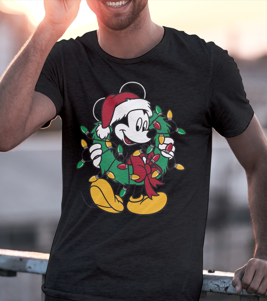 Disney Mickey Mouse Christmas Wreath Lights Santa Hat Holiday Decor T-Shirt